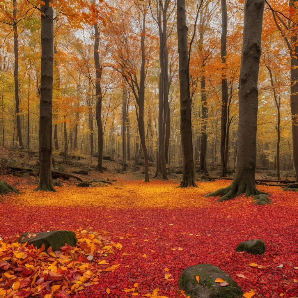 A vibrant autumn forest with colorful orange, yellow, and red leaves scattered on the forest floor.