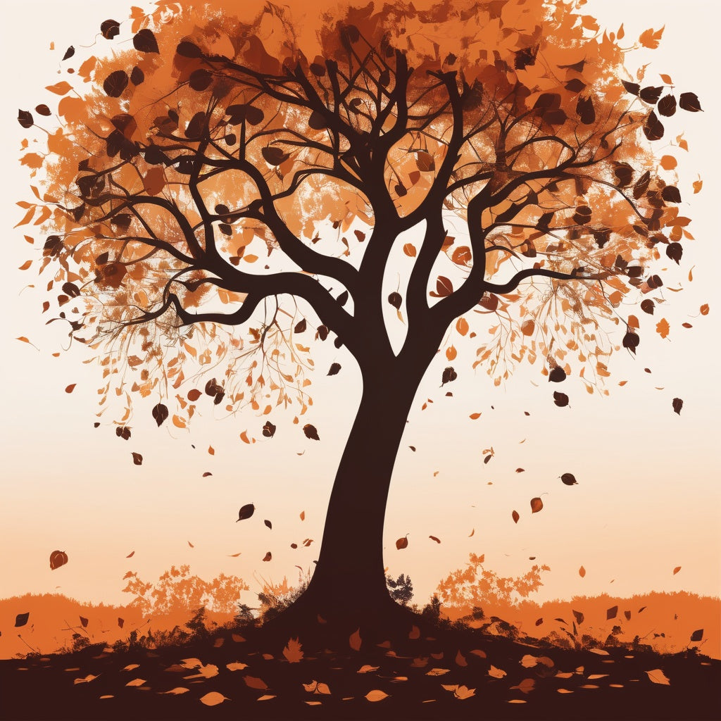 Autumn tree silhouette with golden-orange leaves falling, capturing the essence of fall and nature's beauty