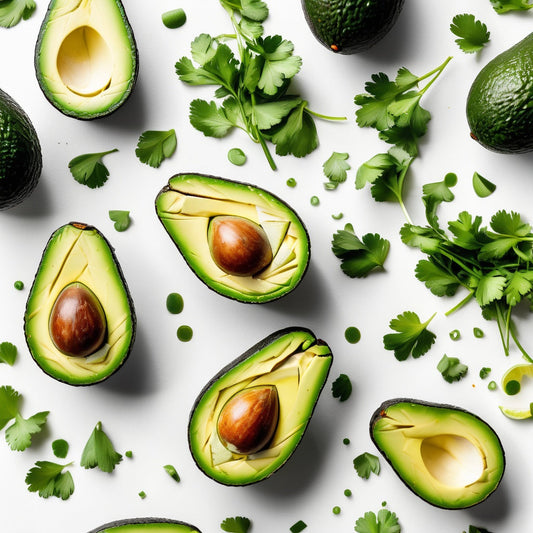 A clean white background with sliced avocado, lime wedges, and cilantro scattered in the corners.