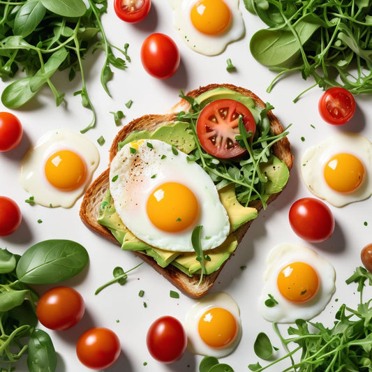 A clean white background with avocado toast, sunny-side-up eggs, arugula, and cherry tomatoes scattered in the corners.