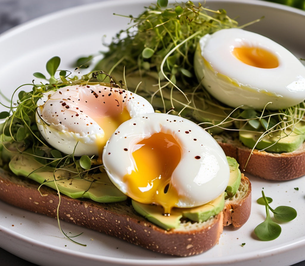 Close-up of an avocado toast topped with poached eggs, microgreens, and olive oil drizzle.