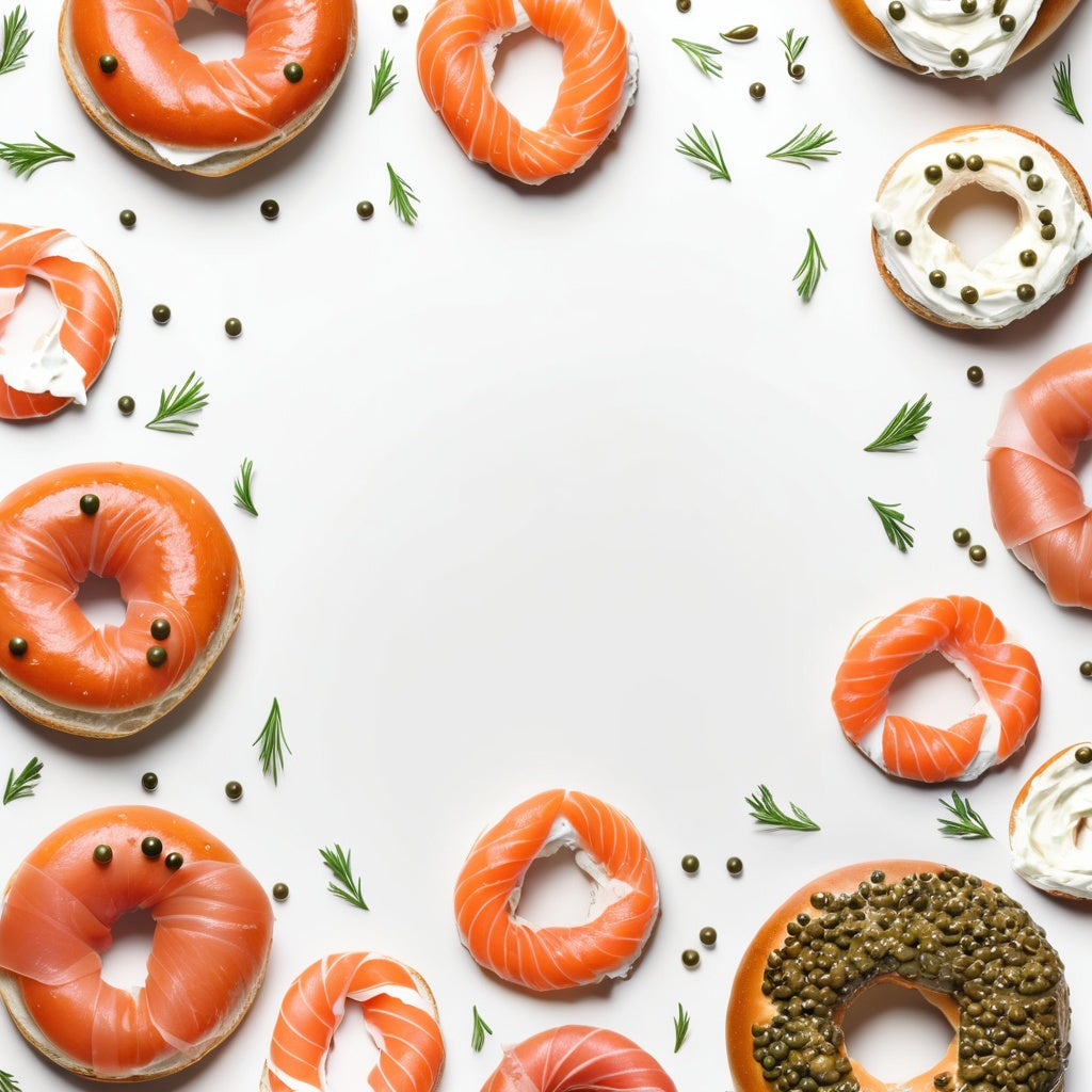 A clean white background with bagels, cream cheese, lox, and capers scattered in the corners.