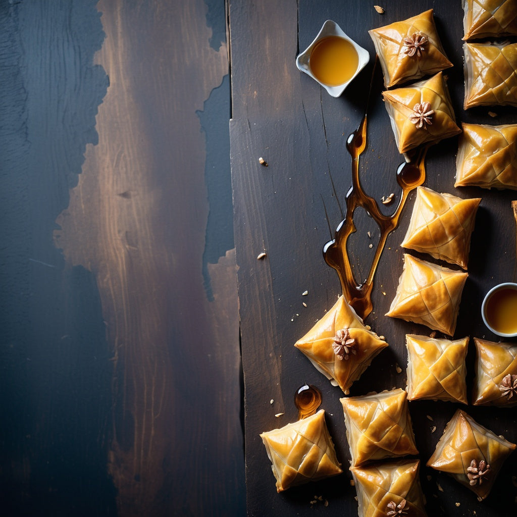 Golden Baklava Pastry with Honey Drizzle on Rustic Wooden Table