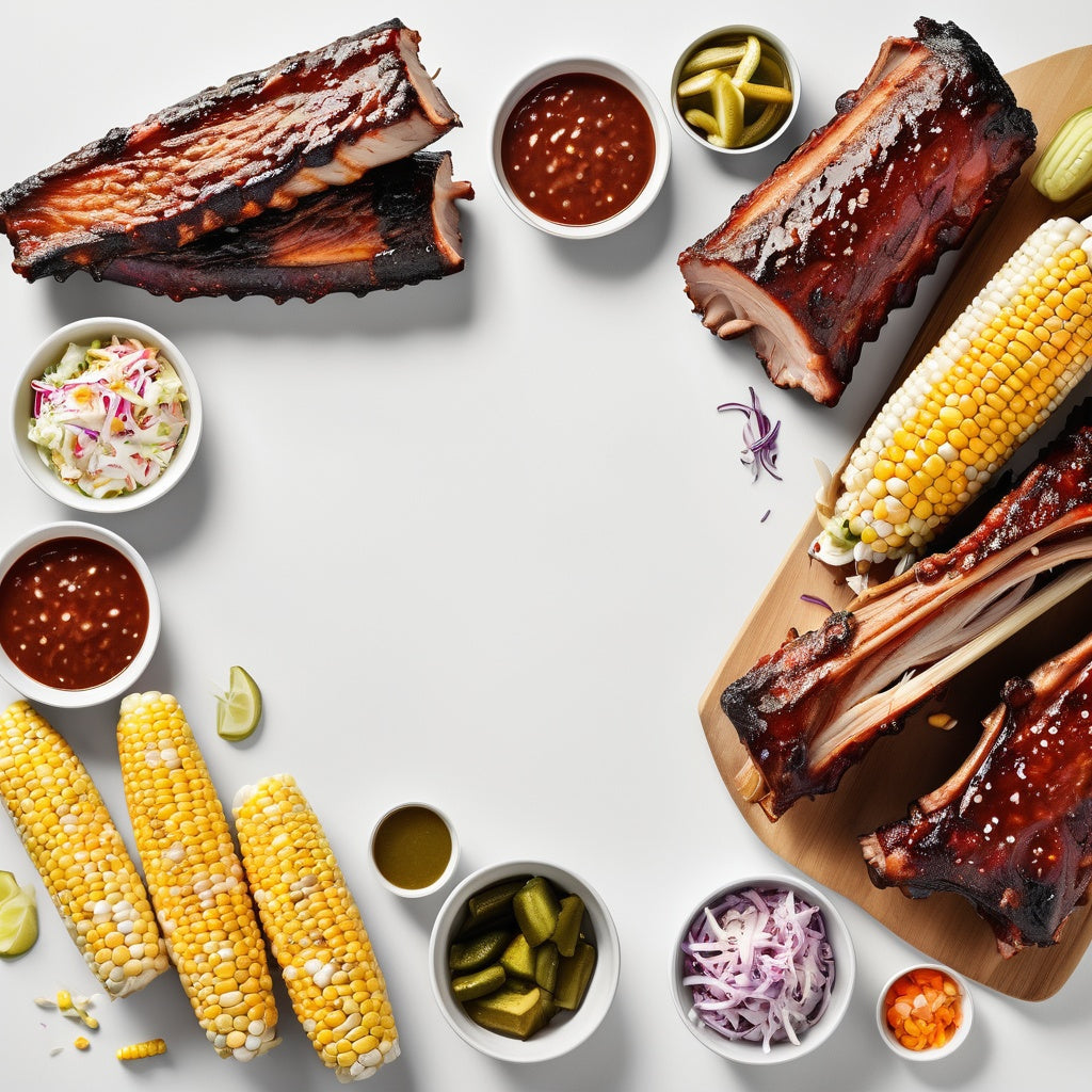 A clean white background with BBQ ribs, corn on the cob, coleslaw, and pickles scattered in the corners.