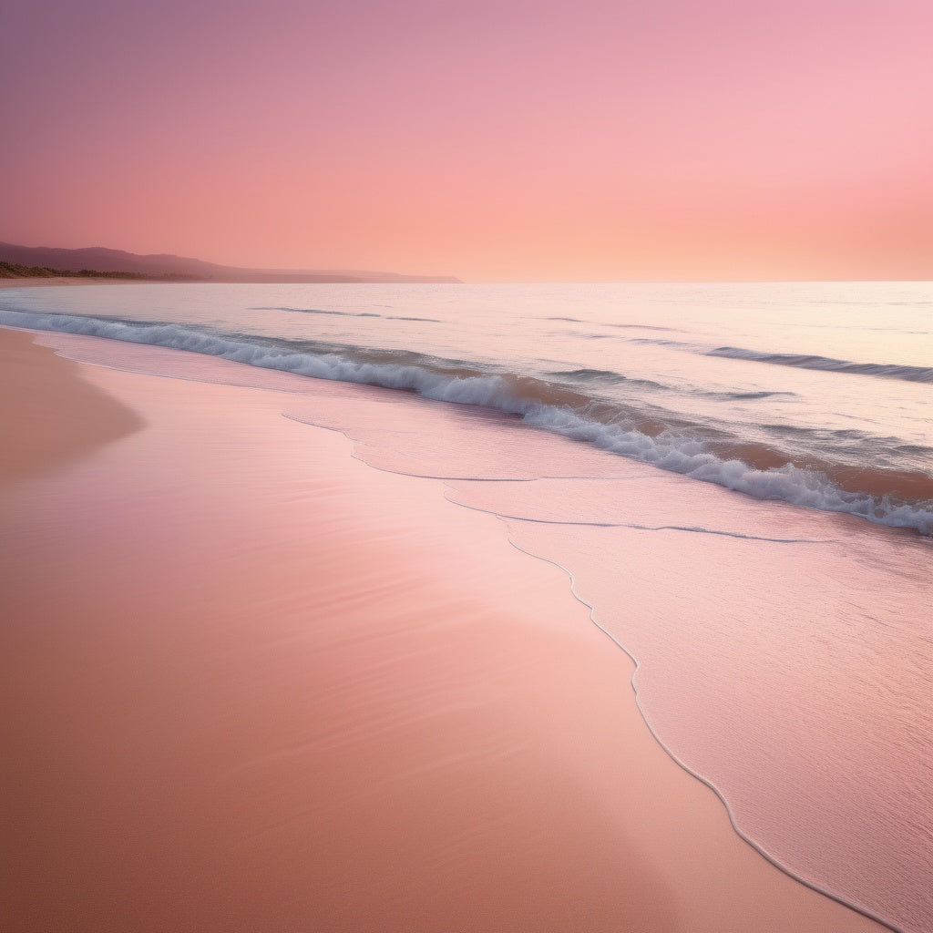 A peaceful beach scene with golden sand, soft waves, and a gradient sunset sky in shades of pink and orange.