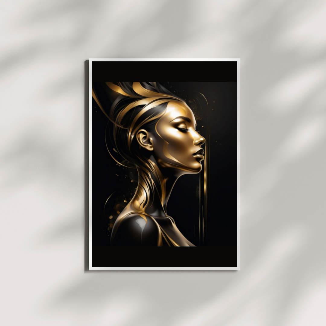 Dynamic abstract profile of a woman with black and gold details.