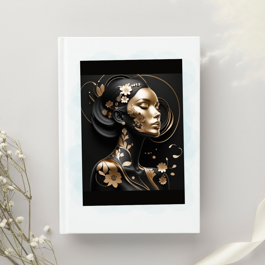 Abstract woman with black and gold floral accents.