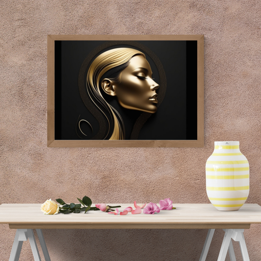 Minimalist silhouette of a woman in black and gold with luxurious tones.