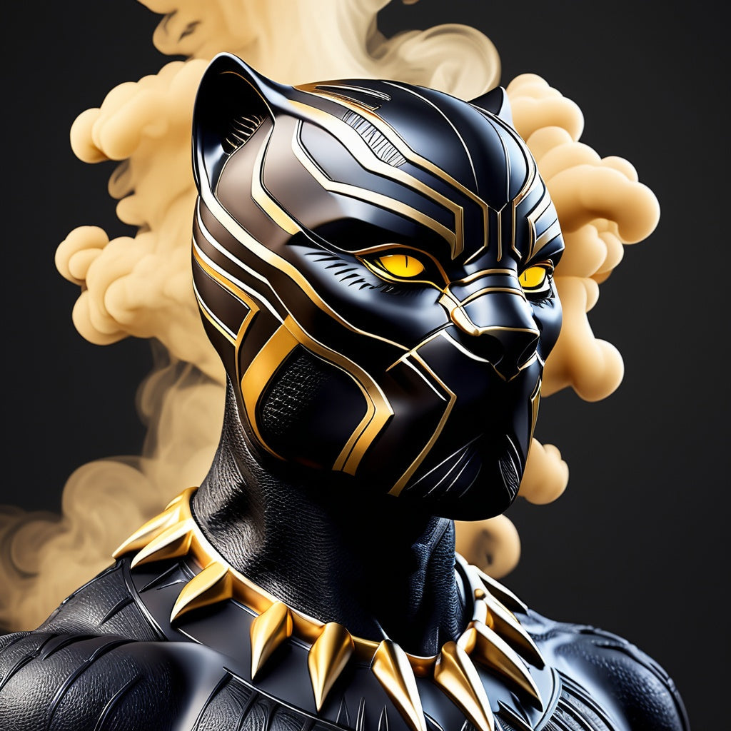 A regal black panther emerging from golden smoke with glowing eyes