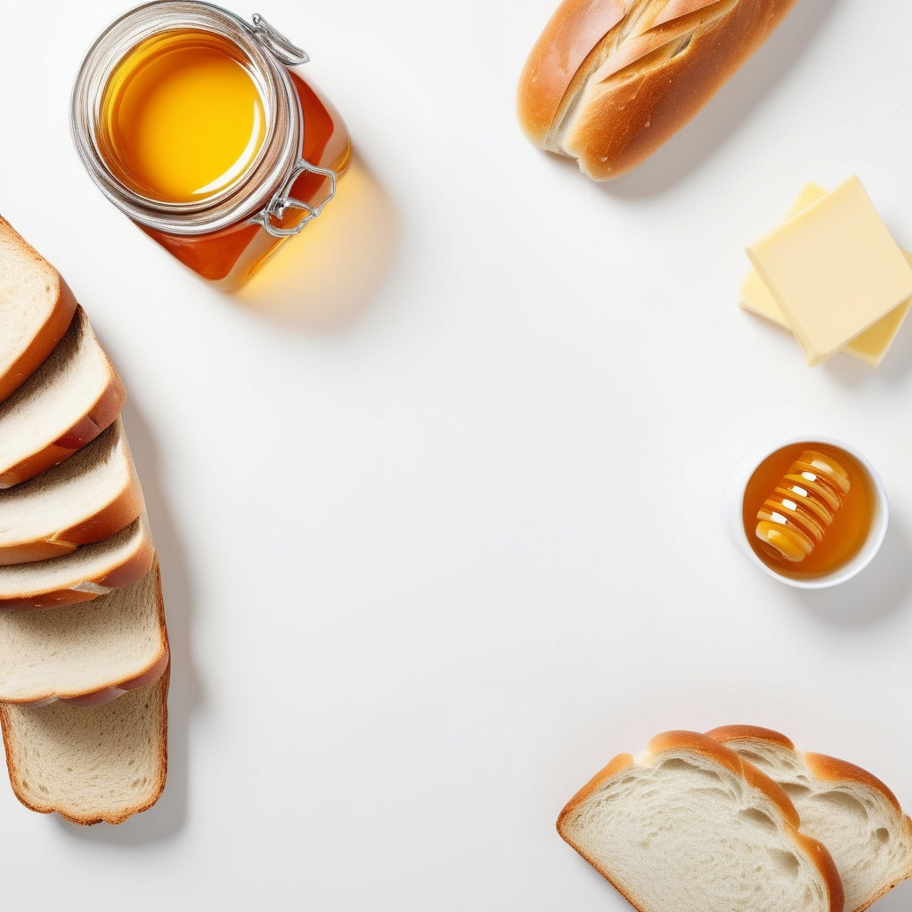 A white background with baked bread, butter pats, and a honey jar scattered in the corners.