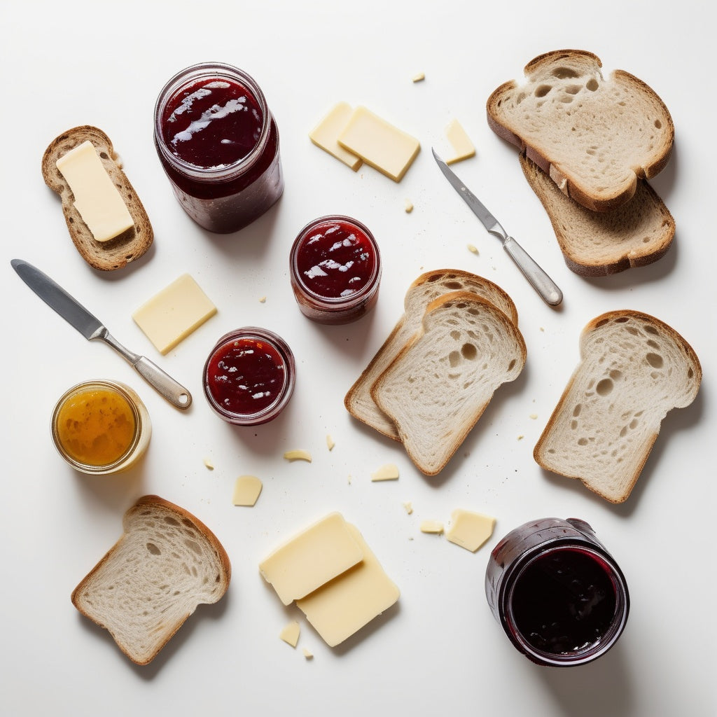 A white background with slices of bread, butter pats, and jam jars scattered along the edges, leaving an open space in the center for product placement.