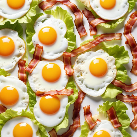 A white background with bacon strips, fried eggs, cheese slices, and lettuce scattered around the edges, leaving space for product placement.