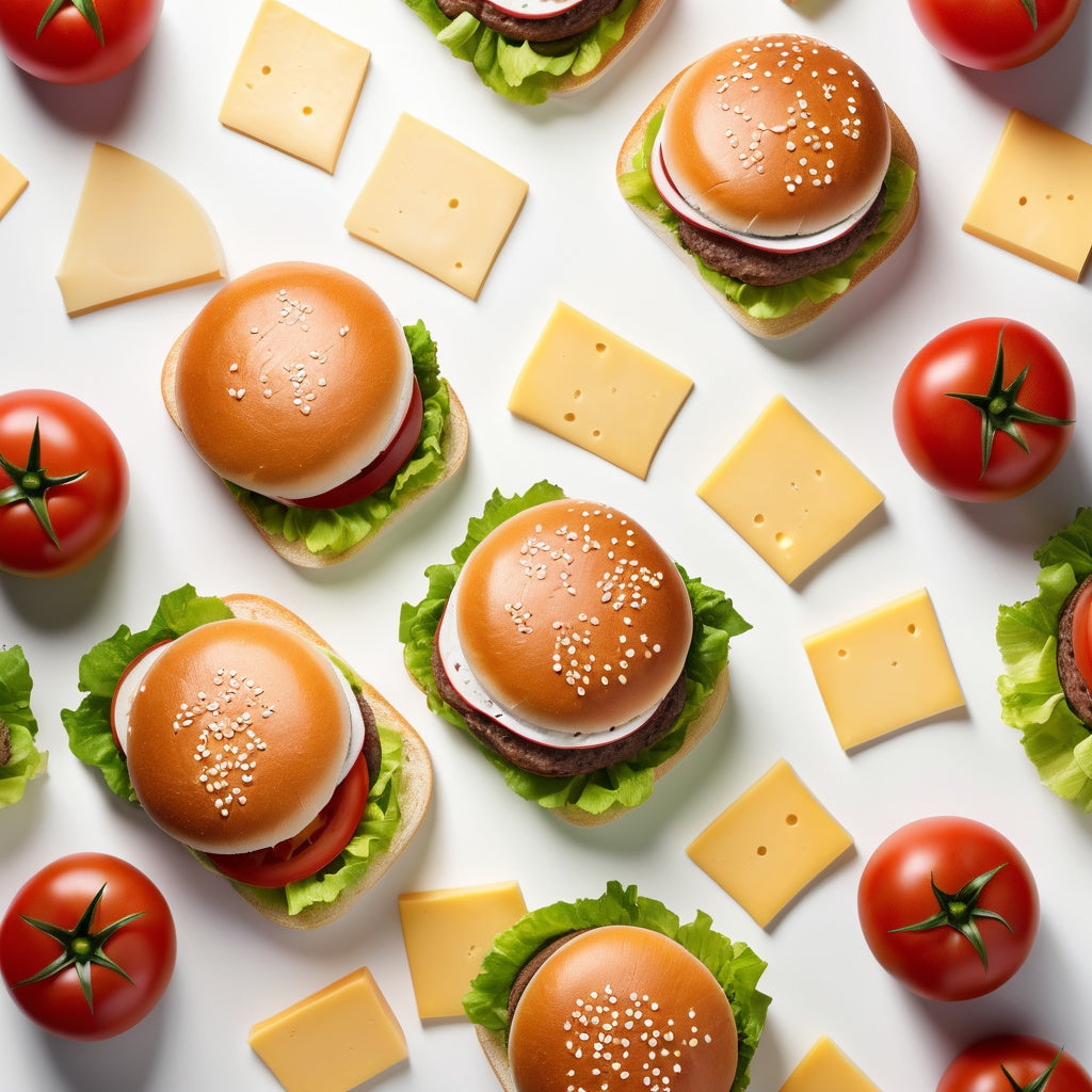 A white background with hamburger buns, cheese slices, lettuce, and tomato slices scattered around the edges.