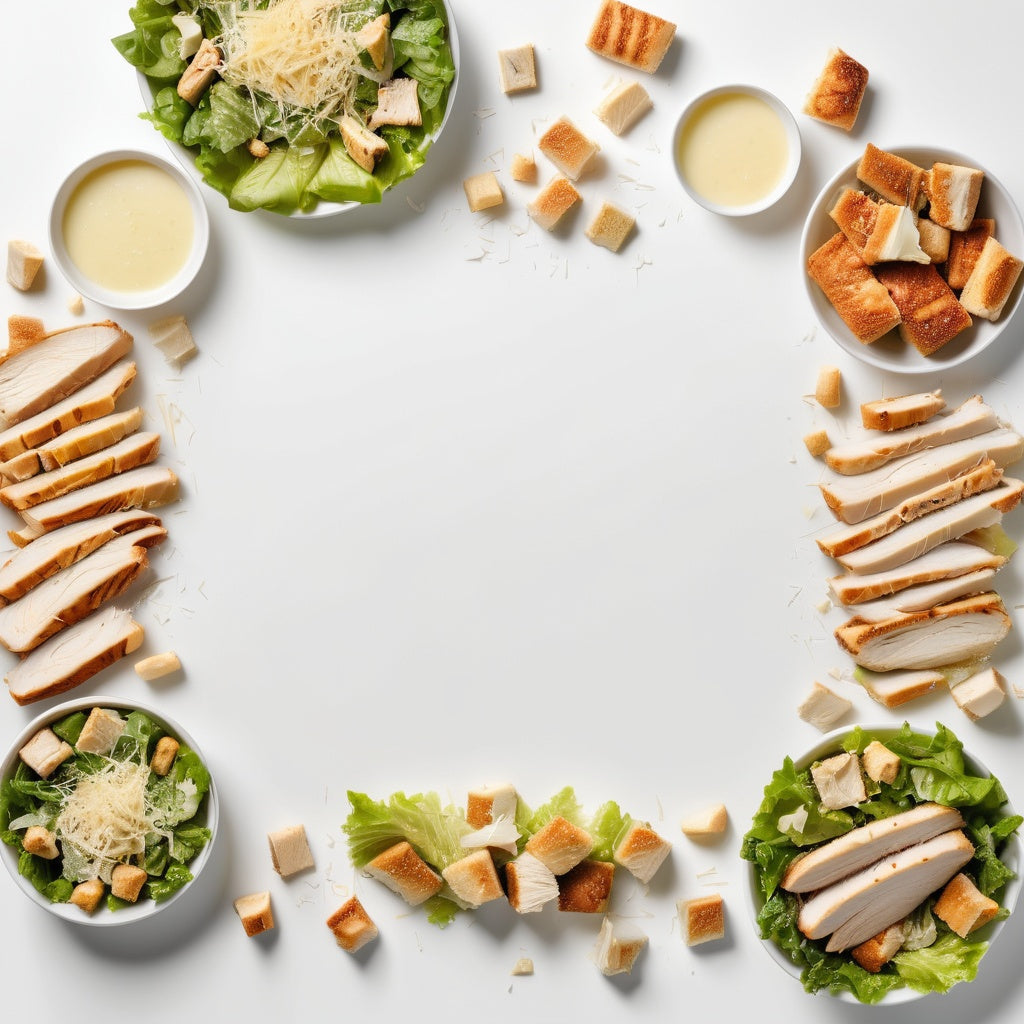 A clean white background with caesar salad, croutons, parmesan cheese, and grilled chicken scattered in the corners.