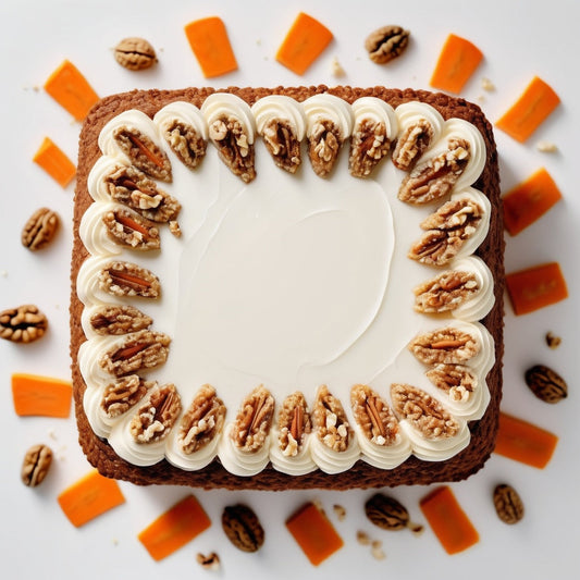 A clean white background with carrot cake slices, walnuts, and cream cheese frosting scattered in the corners.