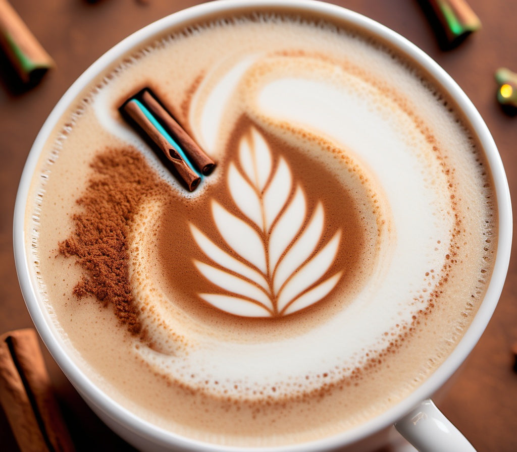 Close-up of a beautifully brewed chai latte with foam art and a sprinkle of cinnamon on top.