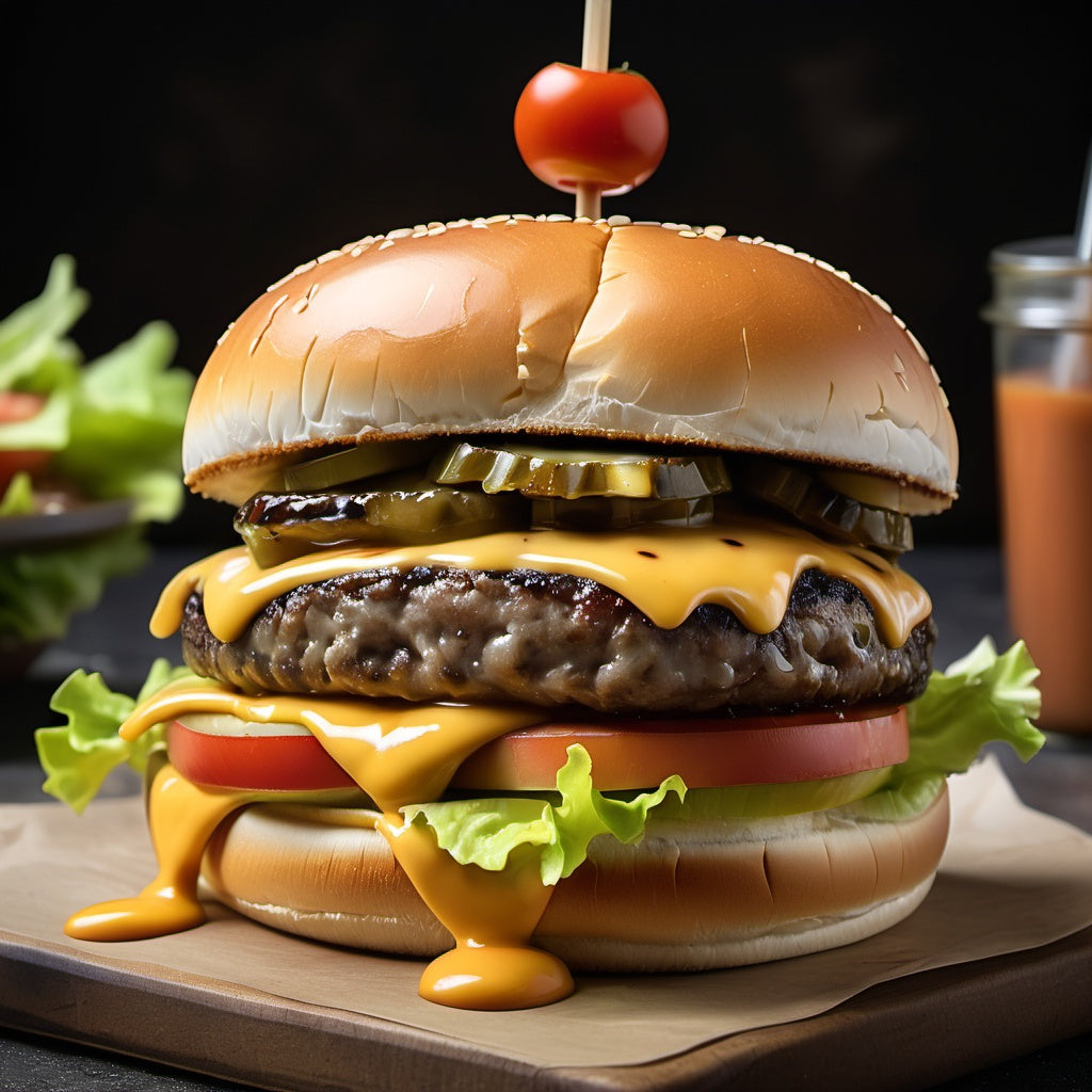 Cheeseburger with lettuce, tomato, pickles, and cheese