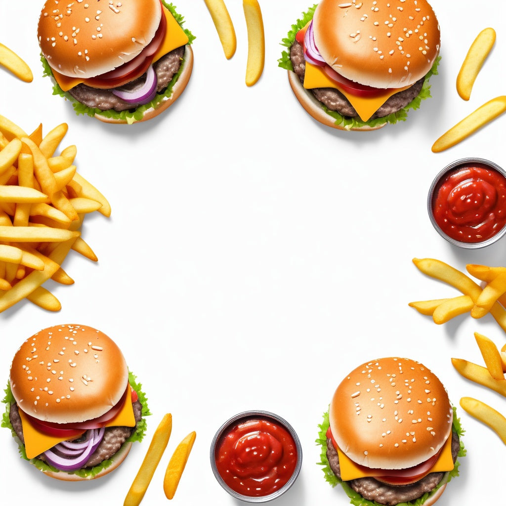 A clean white background with cheeseburgers, fries, pickles, and ketchup scattered in the corners.