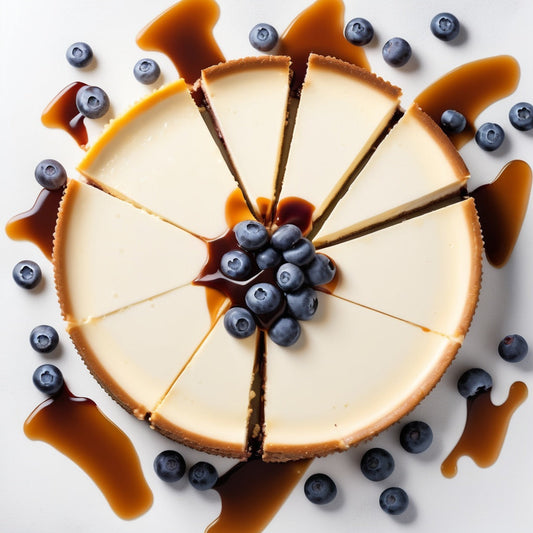 A clean white background with cheesecake slices, blueberries, and caramel drizzle in the corners.