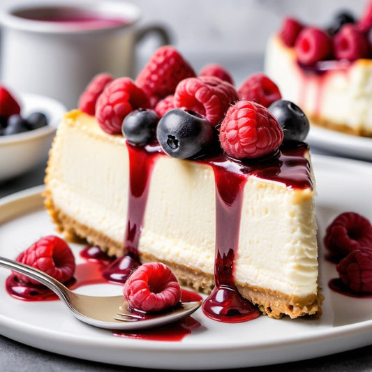 Close-up of a decadent slice of cheesecake topped with fresh berries and raspberry drizzle.