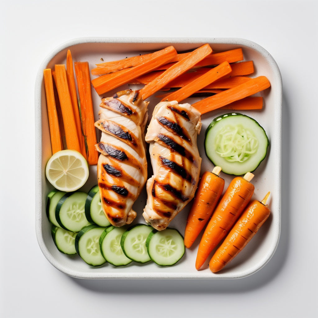 A clean white background with grilled chicken, carrot sticks, and cucumber slices in the corners.