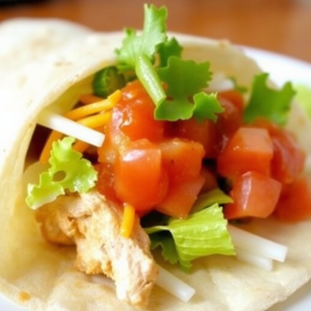 Chicken taco with lettuce, cheese, and salsa