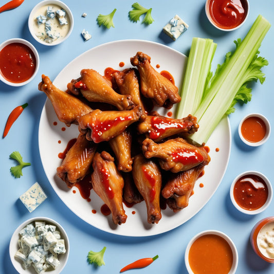 A white background with chicken wings, hot sauce, celery sticks, and blue cheese scattered around the borders.