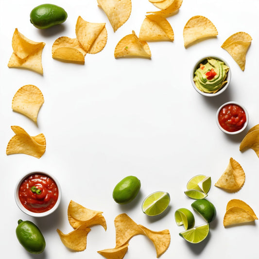 A clean white background with potato chips, salsa, guacamole, and lime wedges scattered in the corners.