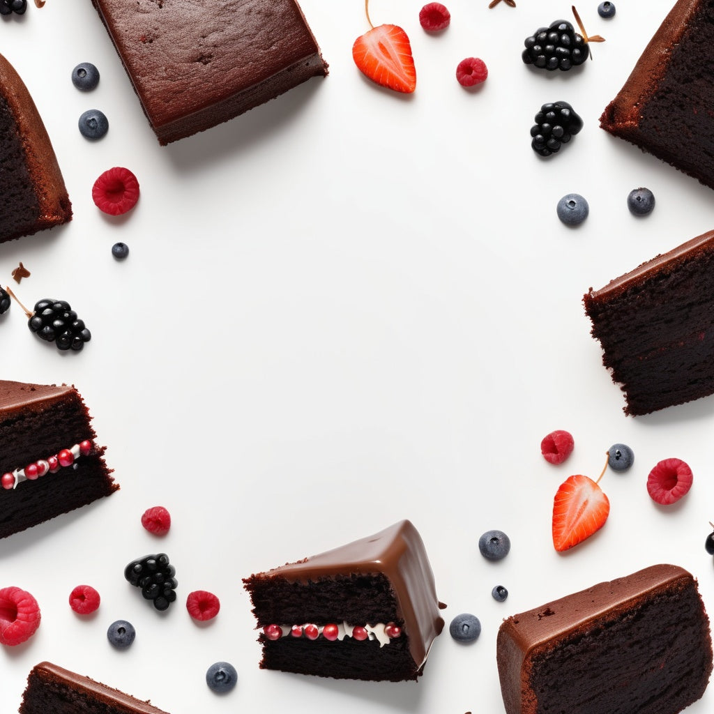 A clean white background with chocolate cake slices, vanilla beans, and berries scattered in the corners.