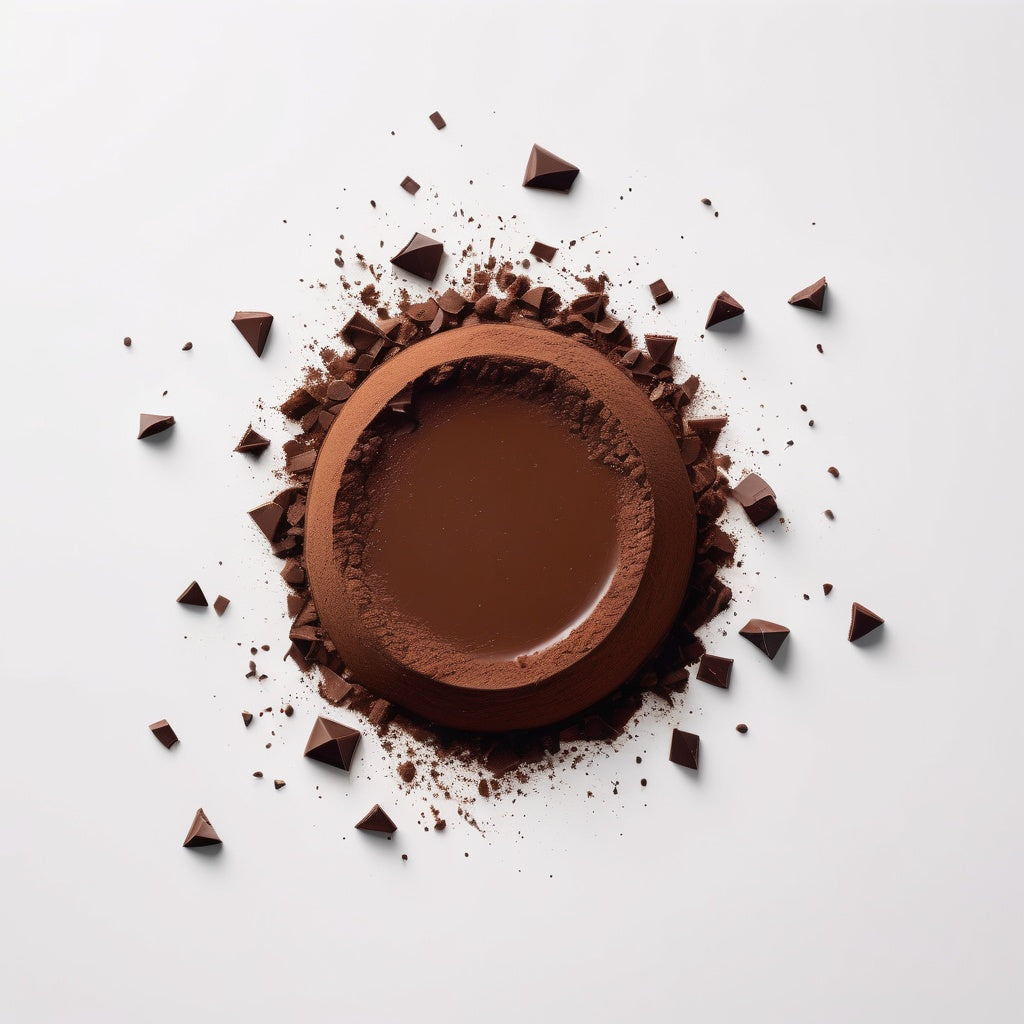 A white background with dark chocolate chunks and cocoa powder scattered along the borders, leaving the center empty for product placement.