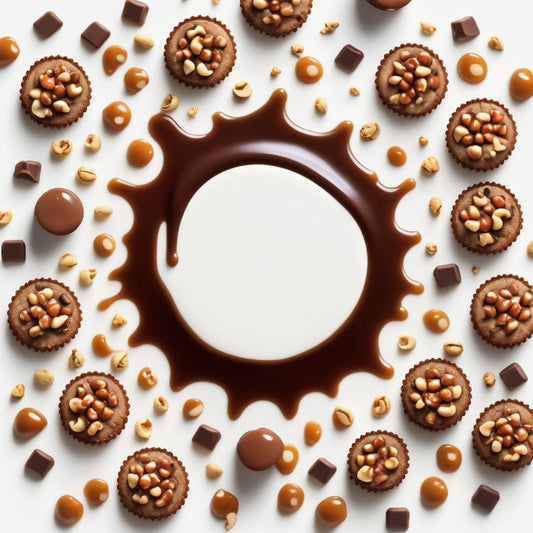 A white background with chocolate chips, hazelnuts, and caramel drizzles scattered along the borders.