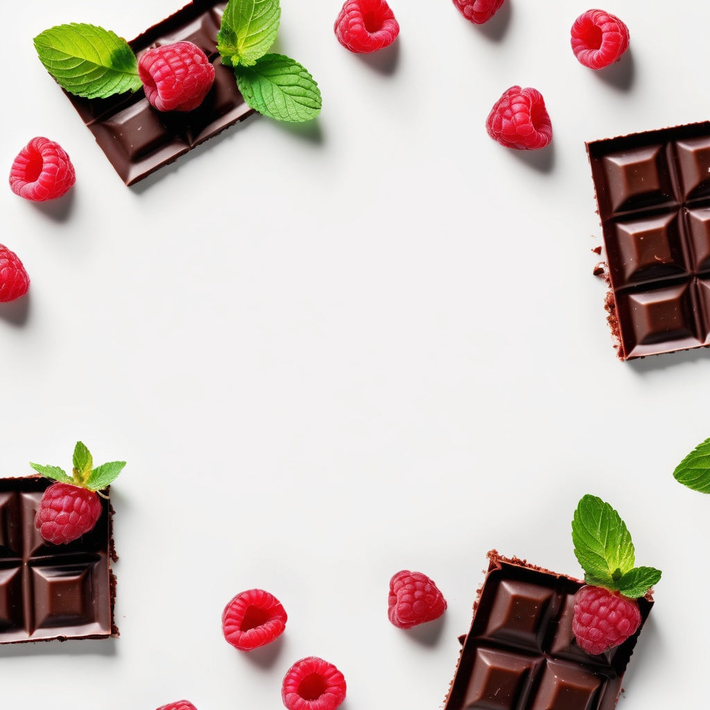 A clean white background with dark chocolate squares, raspberries, and mint leaves scattered in the corners.