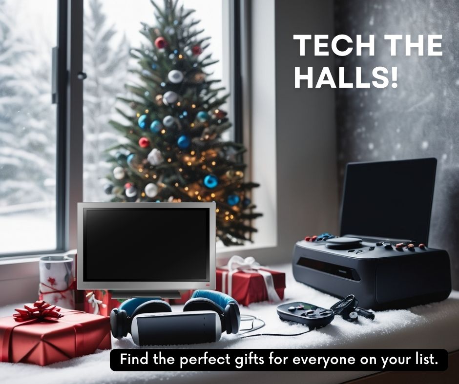 Sleek Christmas tree with tech gifts like headphones, tablets, and gaming consoles