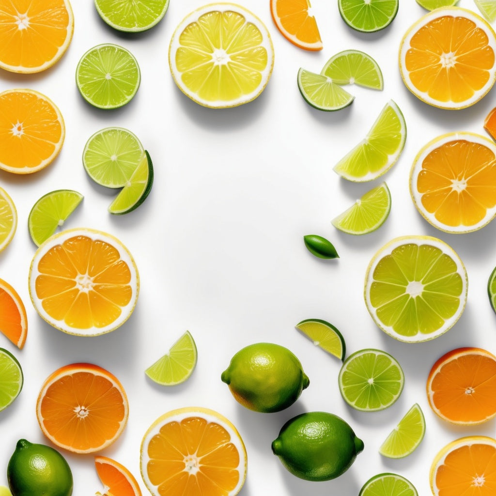 A white background with lemon, lime, and orange slices scattered along the borders, leaving an empty center for product placement.