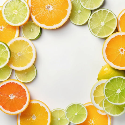 A white background with sliced lemon, orange wedges, and lime slices scattered around the borders, leaving an empty center.