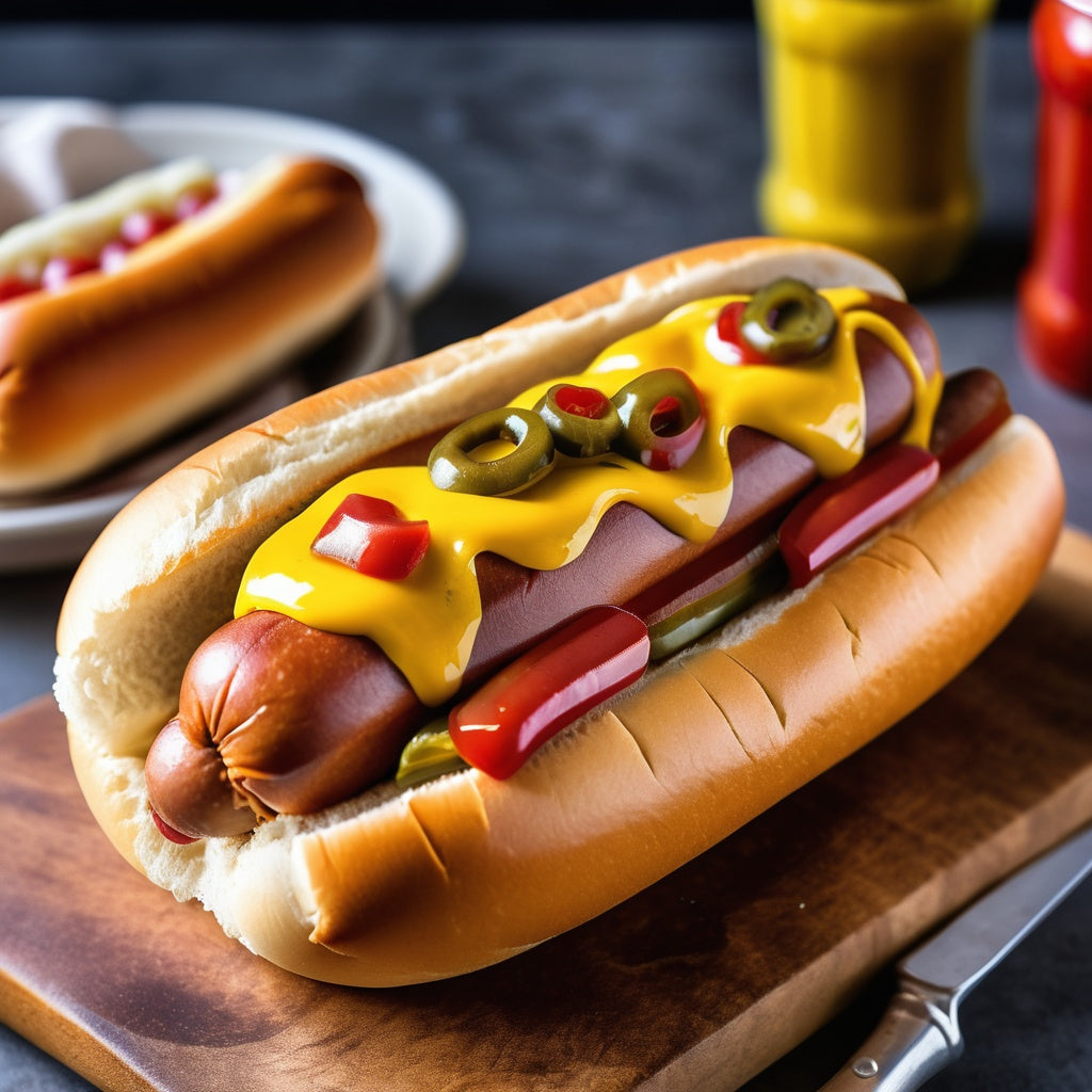 Hot dog with mustard, ketchup, and relish