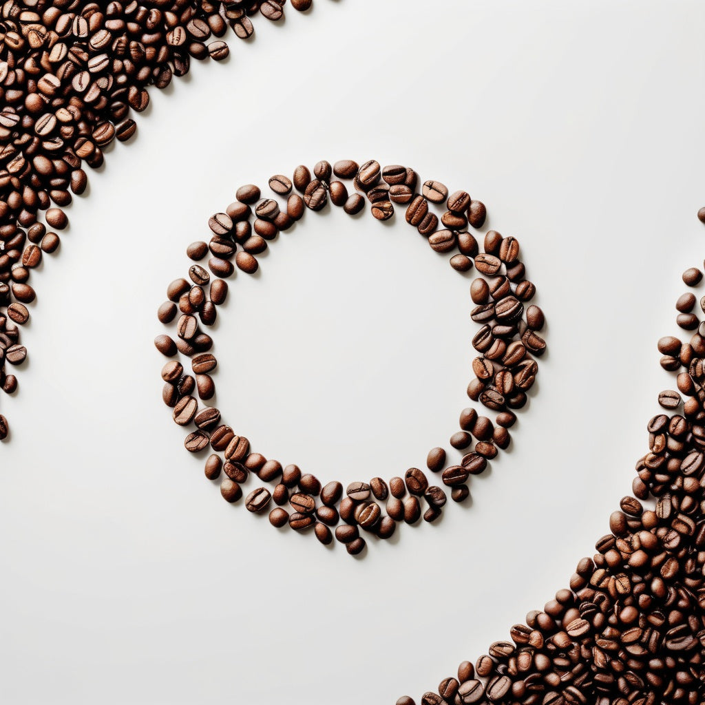 A white background with coffee beans scattered along the edges, leaving an empty space in the center for product placement.