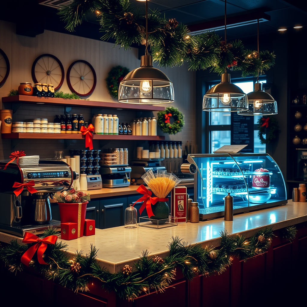 Christmas coffee shop counter with lights, greens, red and gold decorations