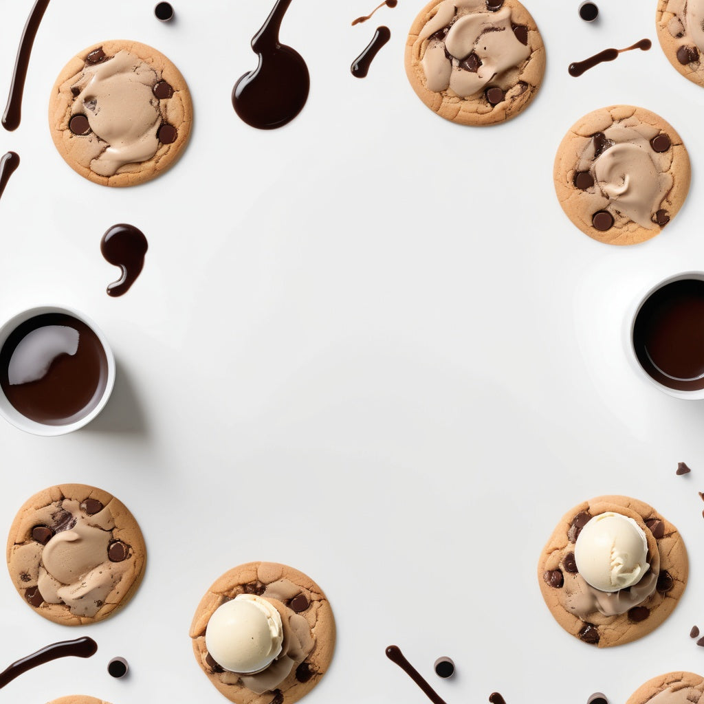 A clean white background with chocolate chip cookies, milk, vanilla ice cream, and chocolate syrup scattered in the corners.