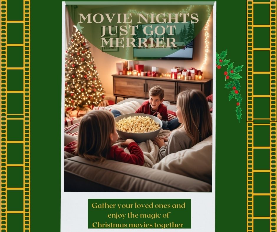 Cozy living room with Christmas tree, popcorn, and family watching movie