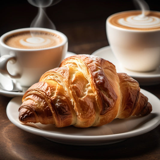 A close-up shot of a fresh croissant and cappuccino with soft lighting accentuating textures.