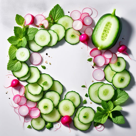 A white background with sliced cucumber, radishes, and mint leaves scattered along the edges, leaving the center clear for product placement.