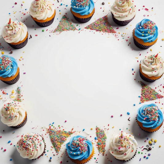 A clean white background with cupcakes, frosting swirls, and sprinkles in the corners.