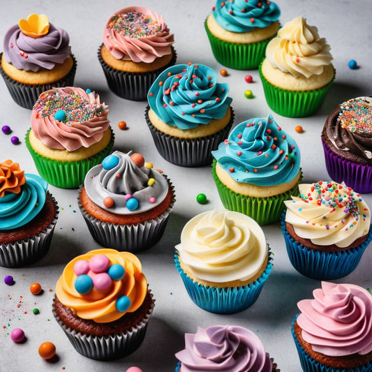 Assorted cupcakes with frosting and sprinkles