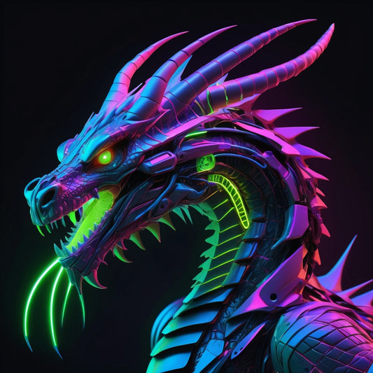 A glowing neon cyber-dragon made of mechanical and organic parts