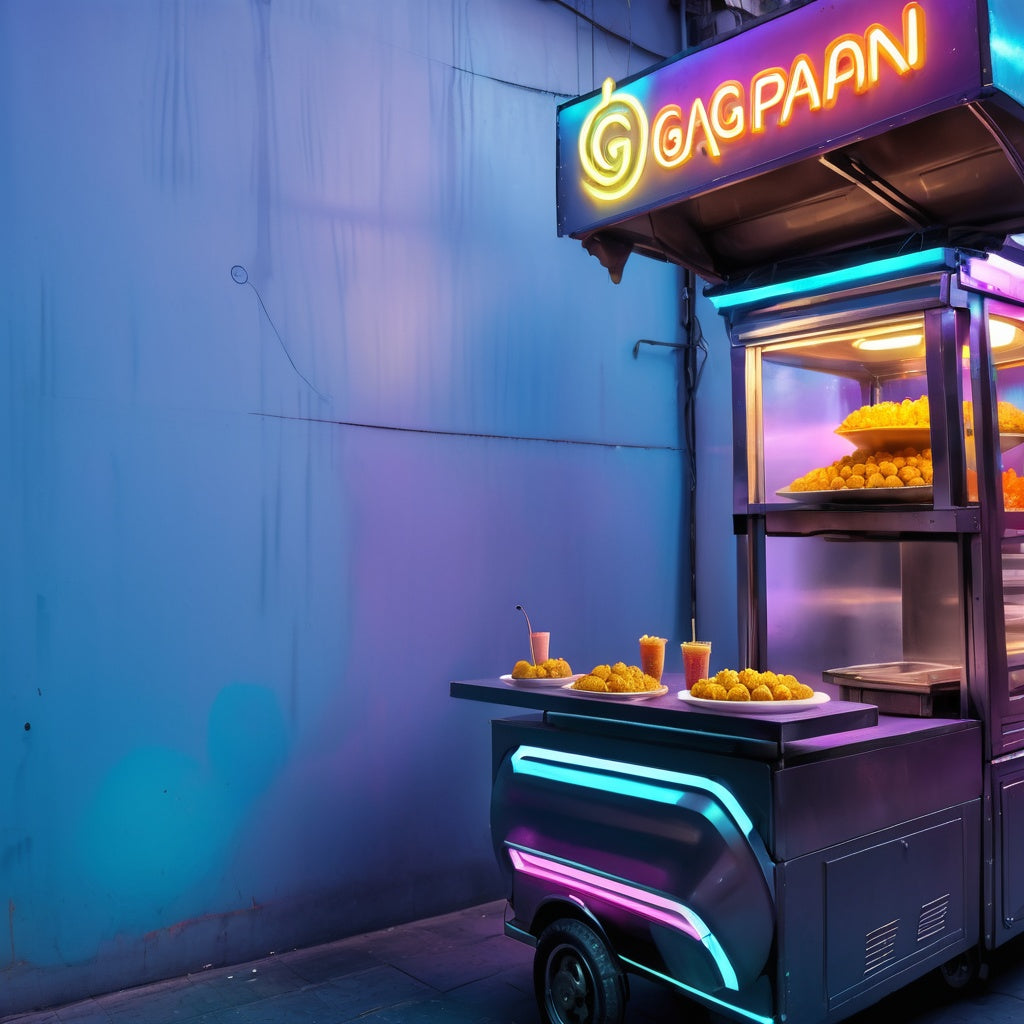 Cyberpunk Pani Puri Cart with Glowing Transparent Golgappas in a Futuristic Indian Street