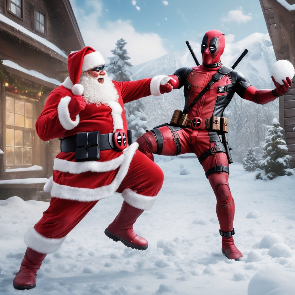 Deadpool and Santa having a playful snowball fight outside workshop