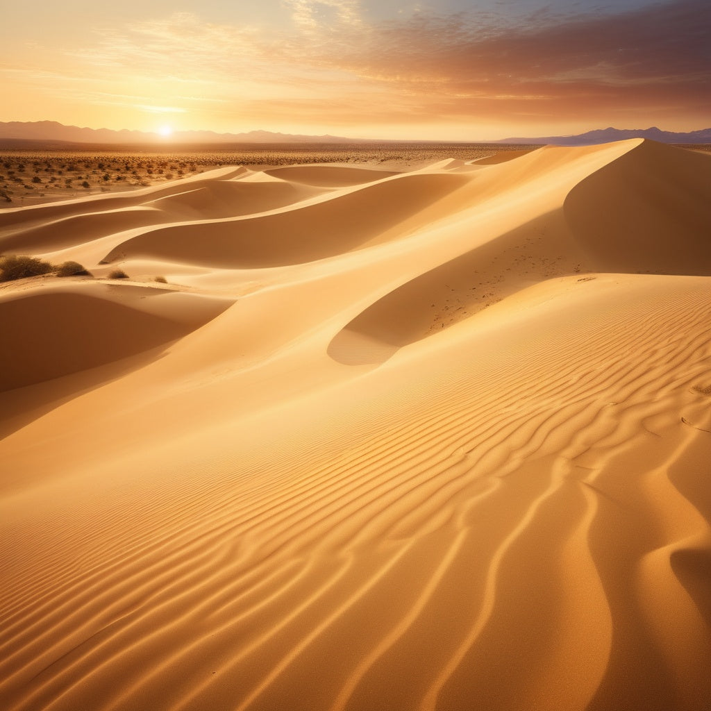 Smooth golden dunes stretch into the horizon, bathed in the soft glow of a golden sunset, offering an expansive view.