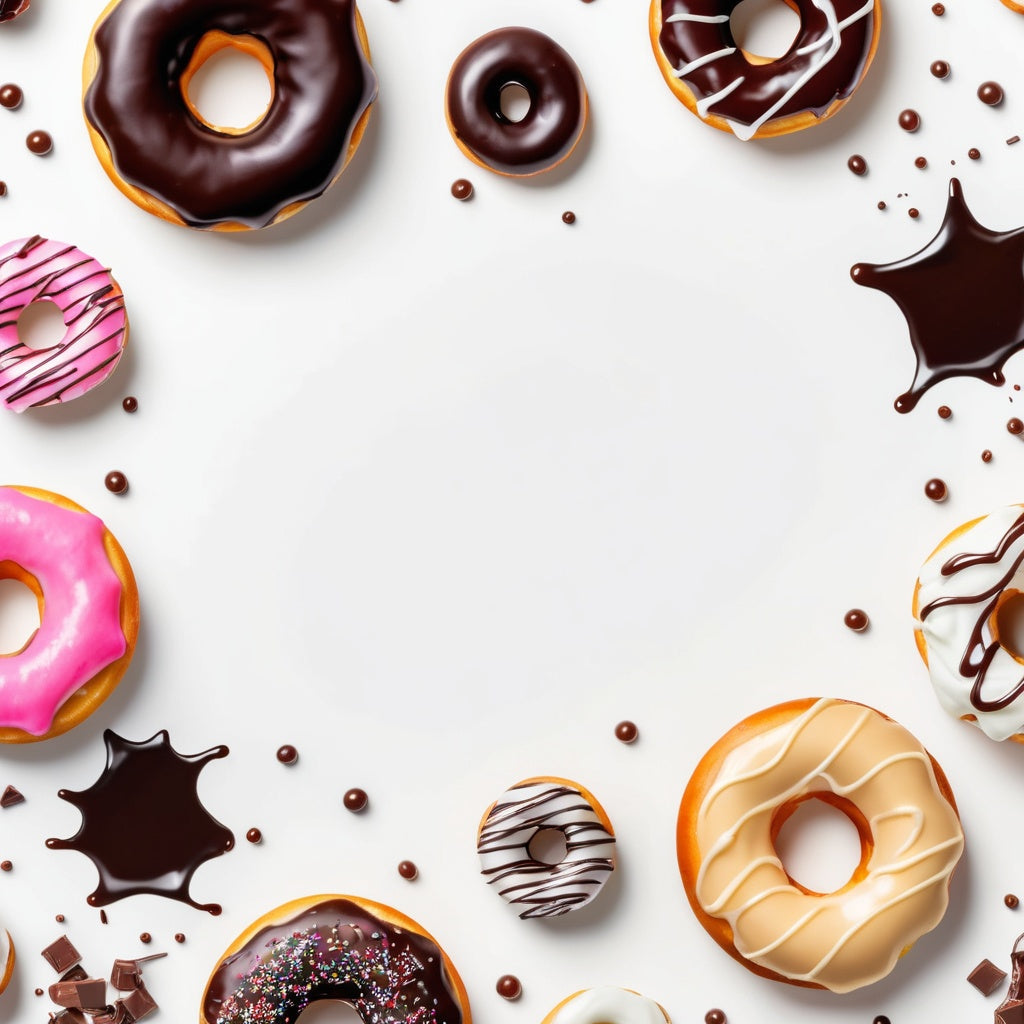 A clean white background with donuts, whipped cream, and chocolate syrup scattered in the corners.