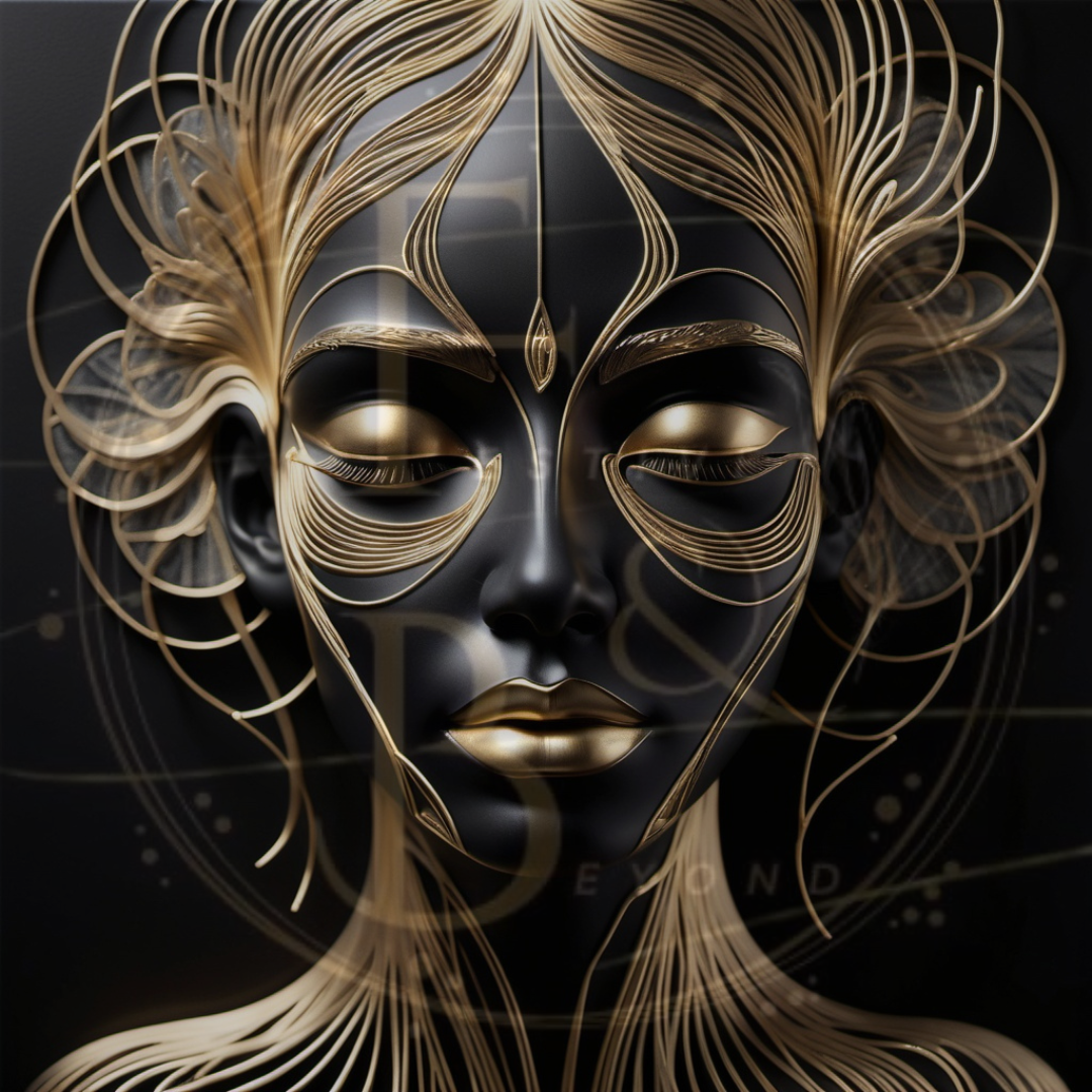 Dreamy abstract face with gold glittering lines, set against a matte black background.